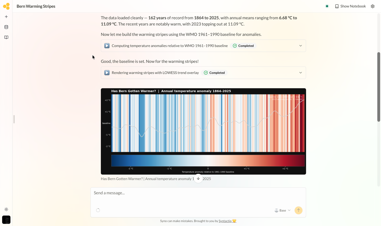 Syno rendering 162 years of Bern temperature as warming stripes, cool blues giving way to deep reds, computed on public MeteoSwiss data inside the environment with reproducible code.